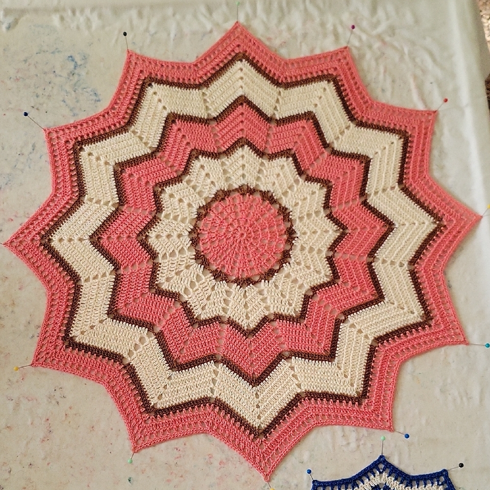 NEW ANd FRESHLY PINNED/ 17in Pink and Cream Crochet Doily With A Hint Of Brown